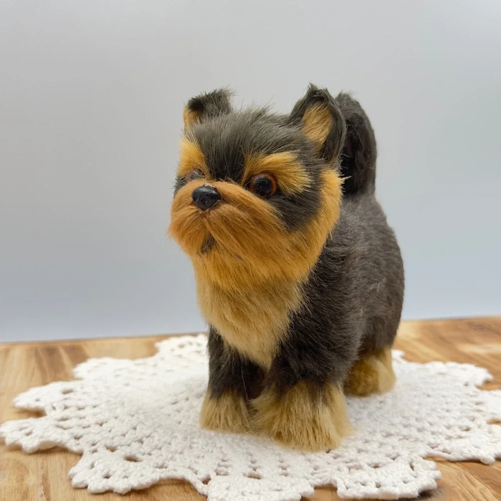 Yorkshire Terrier Dog Figurine Black Tan Realistic Faux Fur Vintage Decor Animal